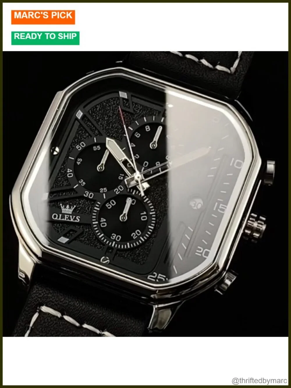Square Chronograph Quartz Watch Leather Strap Luminous Waterproof Business